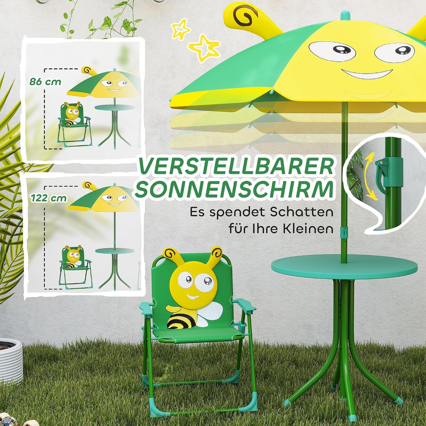 Kindersitzgruppe mit Tisch und Klappstühlen, Dunkelgrün-bienenmuster