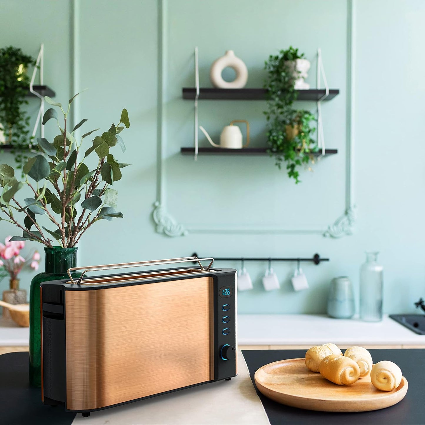 Langschlitz Toaster mit Brötchenaufsatz, E: Kupfer