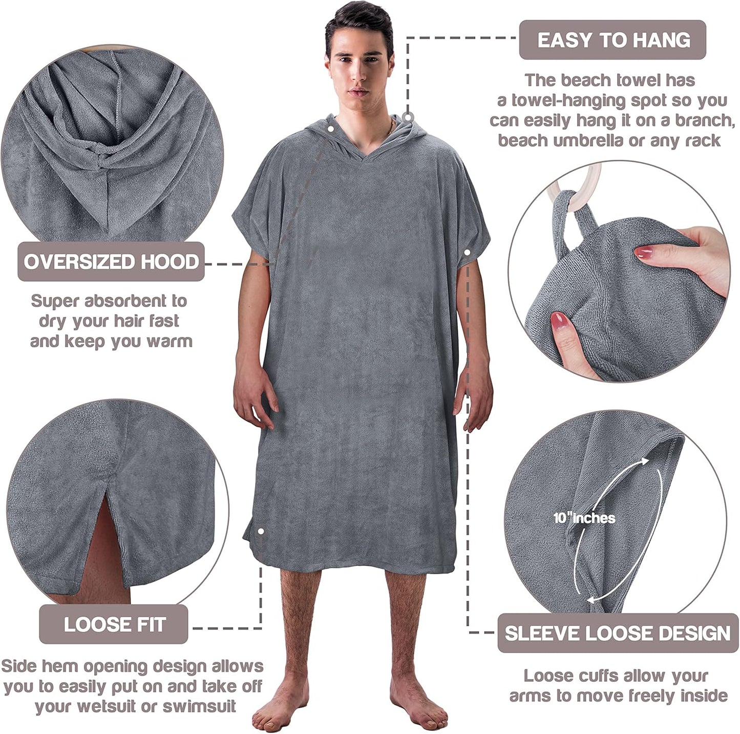 Surf- und Badeponcho mit Kapuze, Grau