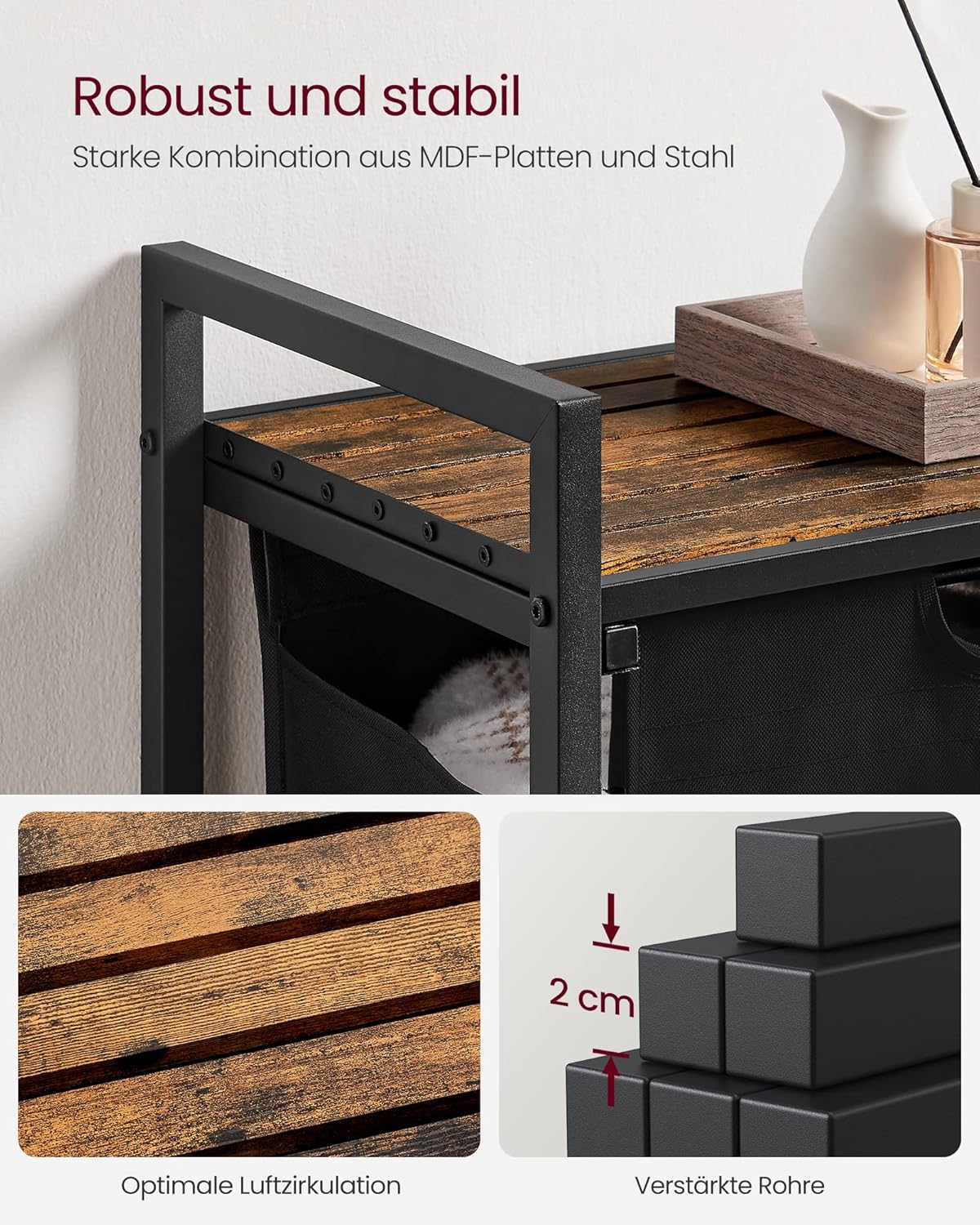 Wäschesammler mit Ablage und 2 Fächer, Tintenschwarz + Vintagebraun 92 L (2 Fächer)