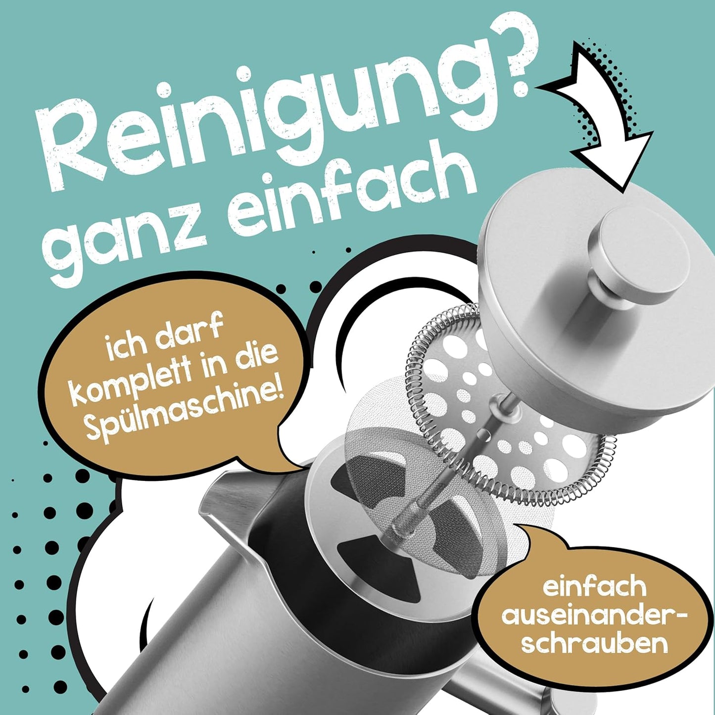 French Press Kaffeebereiter mit 3 Ersatzfiltern, 1000ml (5 Tassen)