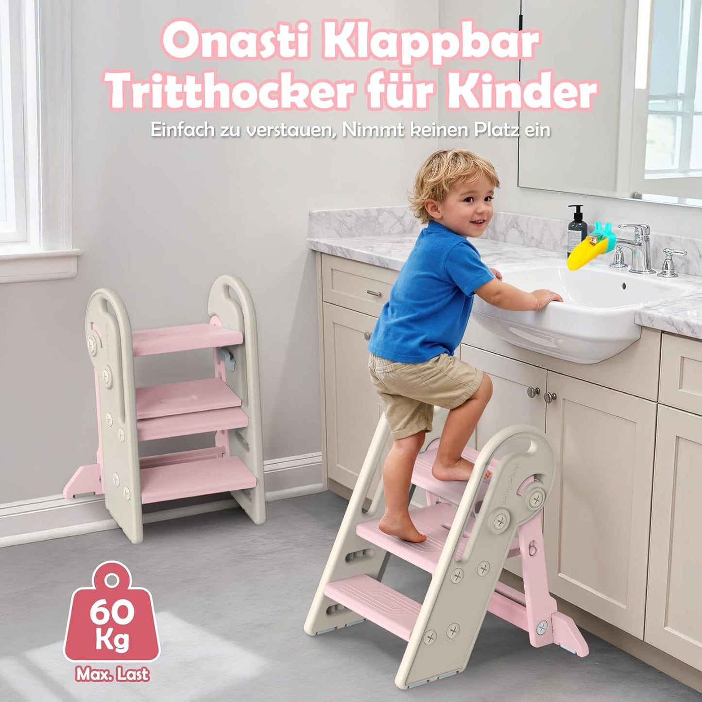 Höhenverstellbarer Tritthocker für Kinder, klappbar, Rosa