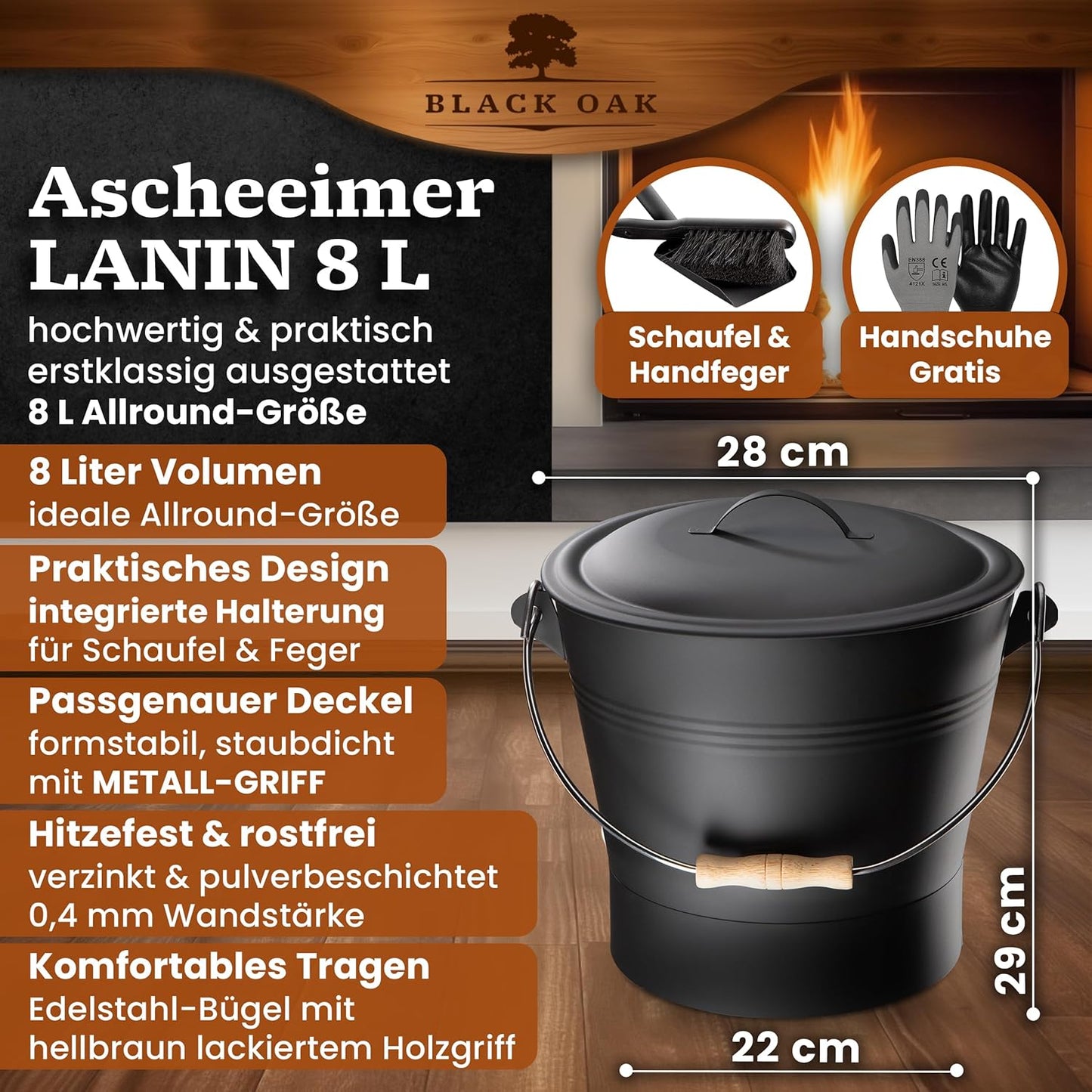 Ascheeimer Set Lanin mit Zubehör, Lanin 8L HELL Eimer + Kehrset