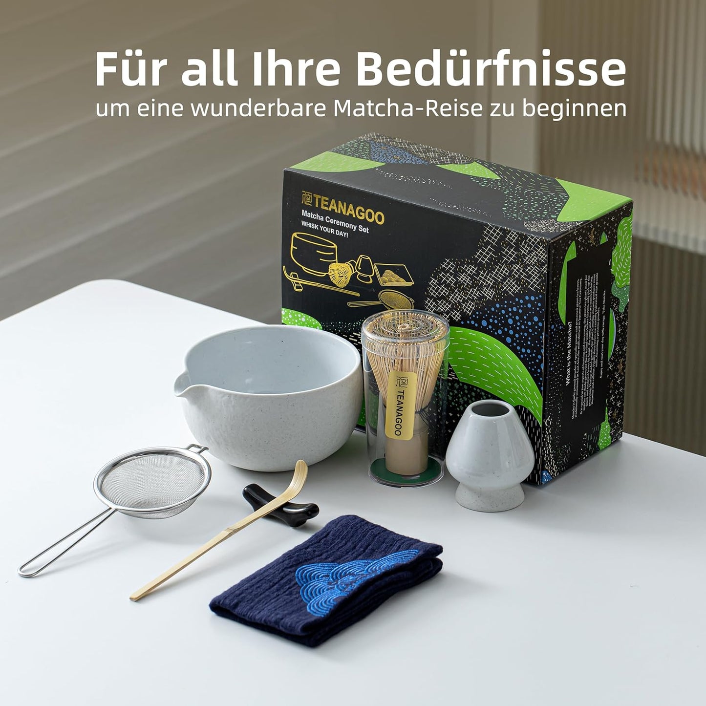 7-teiliges Matcha Tee-Set mit Schale und Besen, 7Stück/Set, Schüssel mit Ausgiesser Grau-lt.