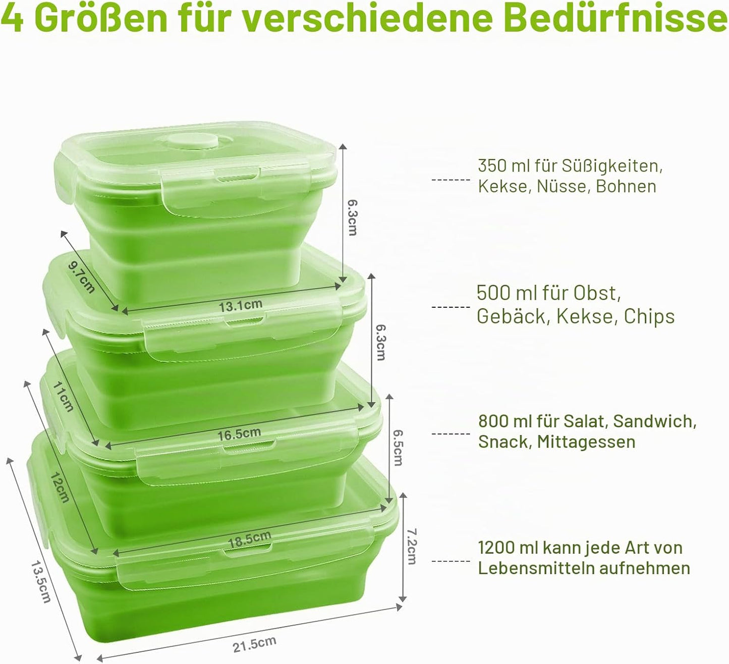 Faltbares Food Container-Set, 4-teilig mit Deckel, Hellgrün