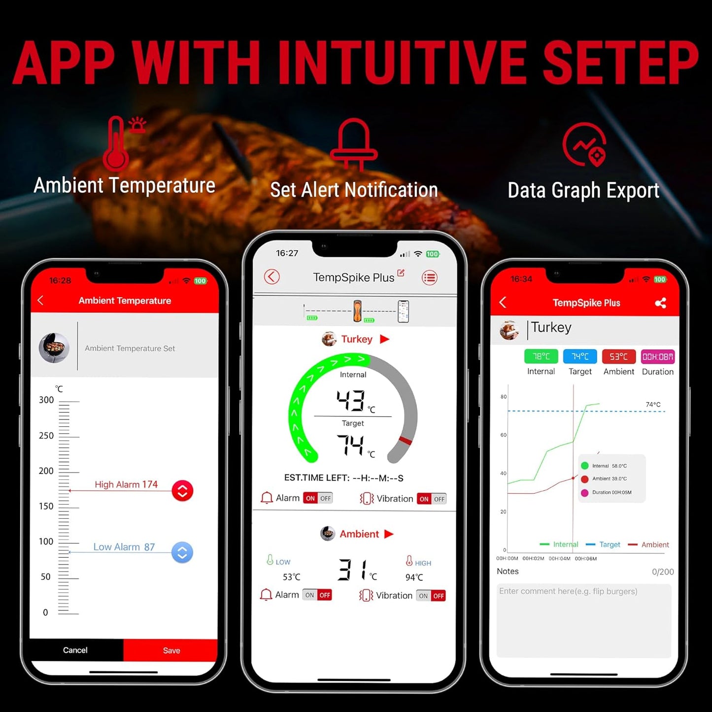 Kabelloses Fleischthermometer TempSpike Plus mit Bluetooth-App, Orange-180M-Dünne Sonde