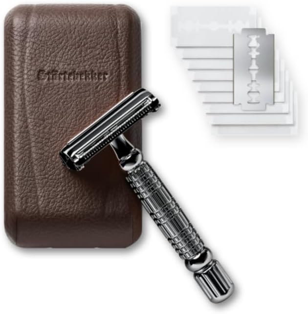 Shaving Essential Set, Rasierhobel Schwarz / Lederetui Café