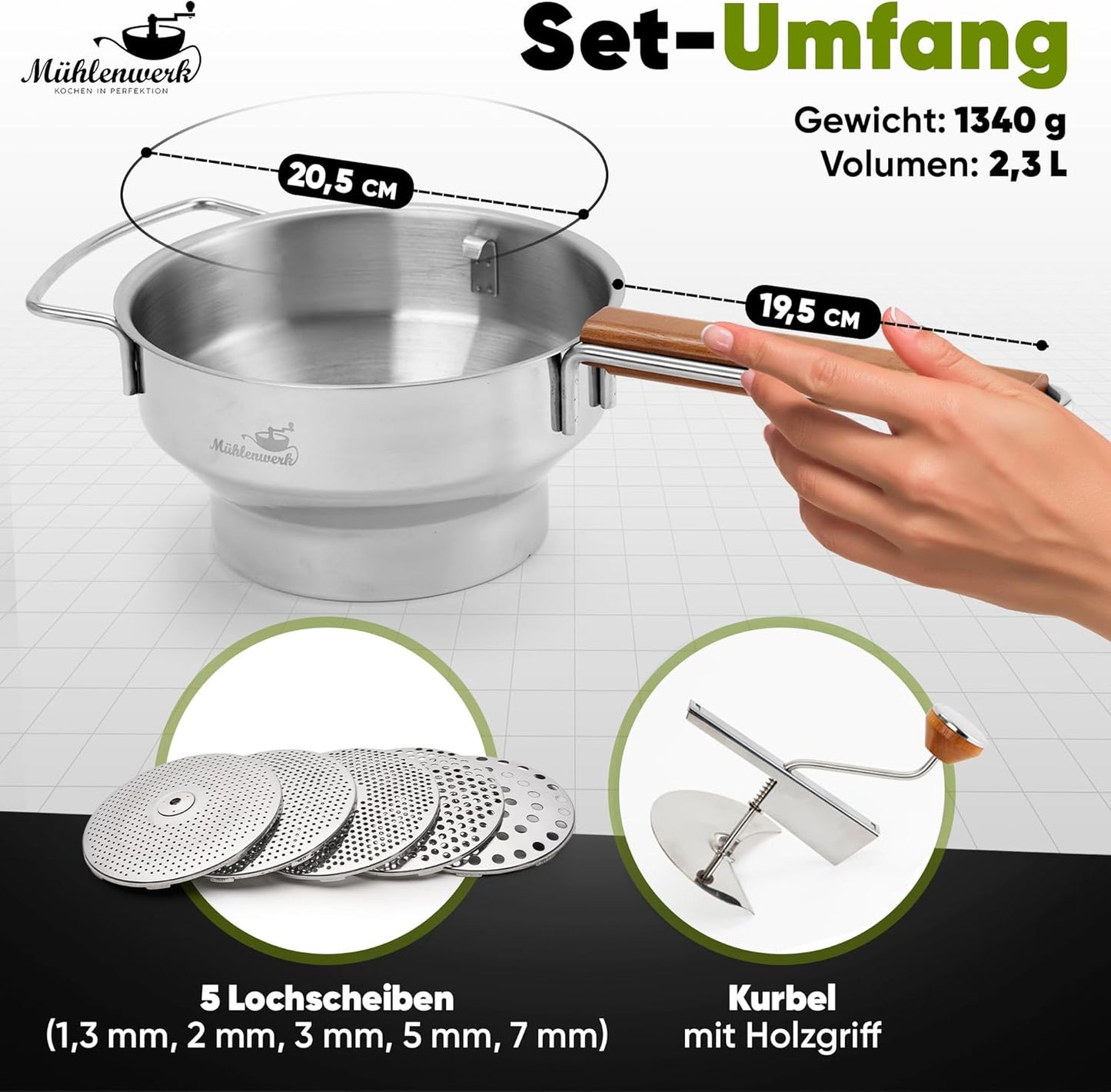 Passiermühle mit 5 Siebeinsätzen, Mit mehr Lochscheiben