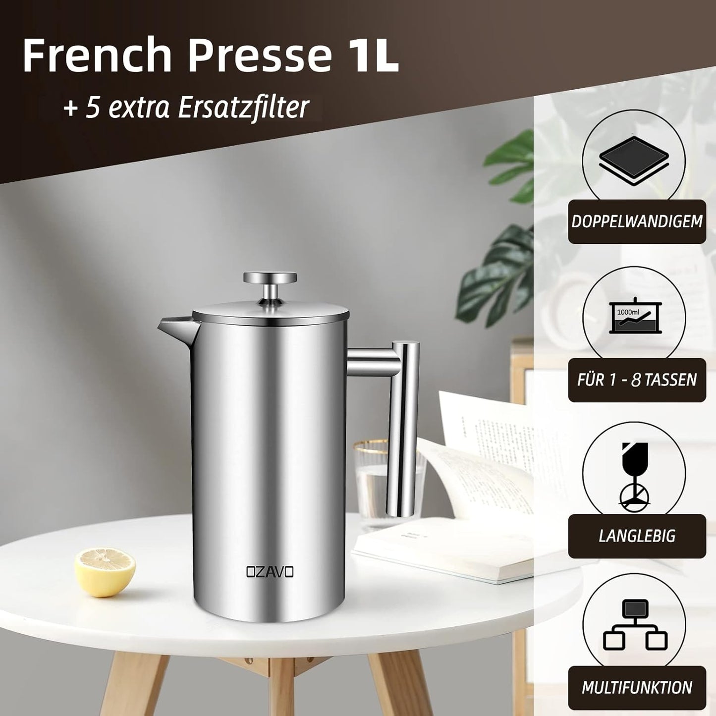 French Press mit 5 Ersatzfiltern, 1 L