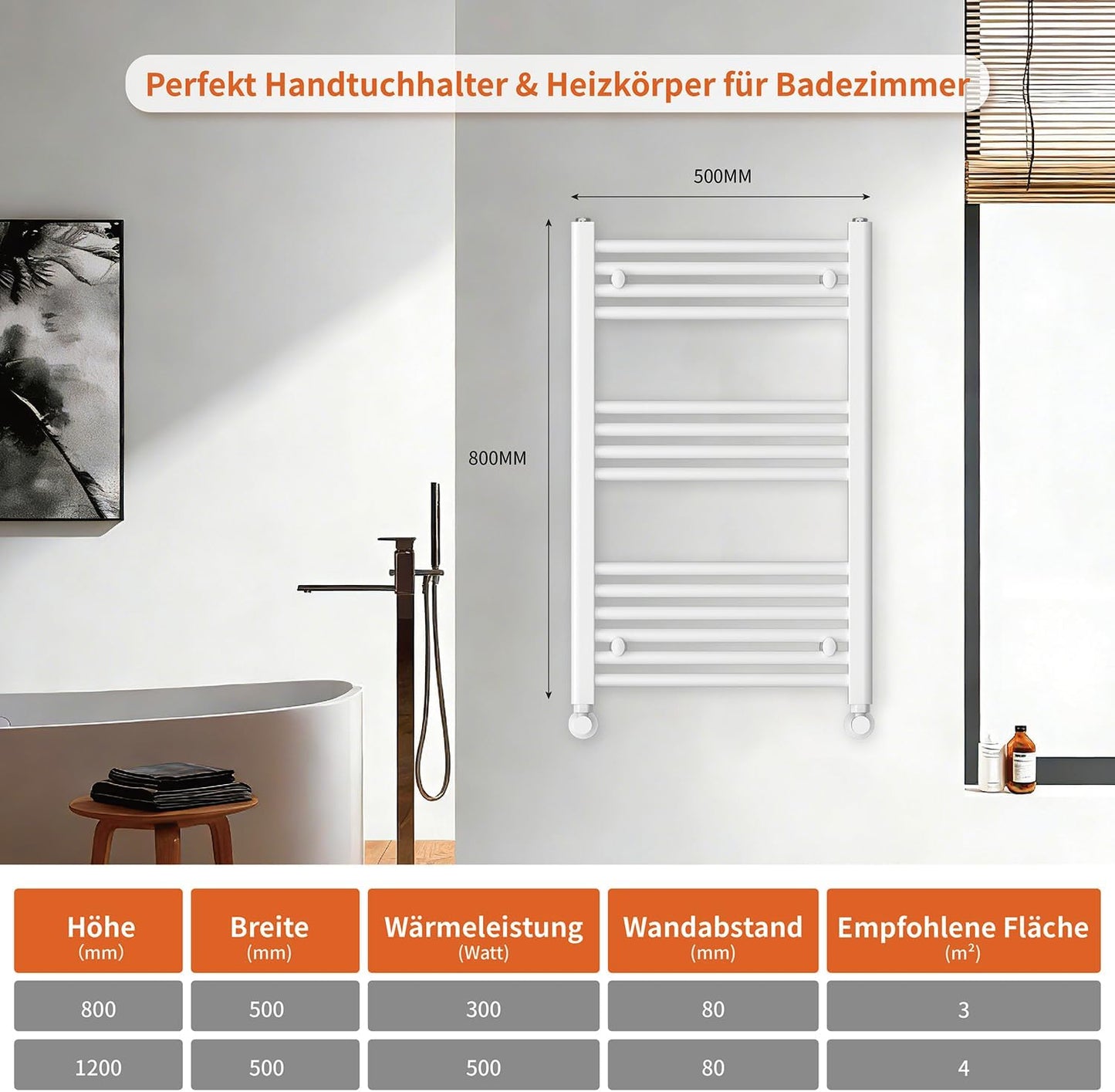 Badheizkörper mit Seitenanschluss 800x500mm, 300W, Weiss 800x500mm