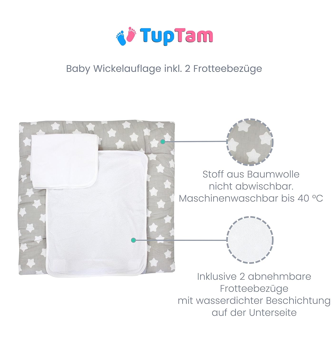 Wickelauflage mit 2 wasserfesten Frotteebezügen, 70x70 cm (1er Pack) /  Sterne Grau 2