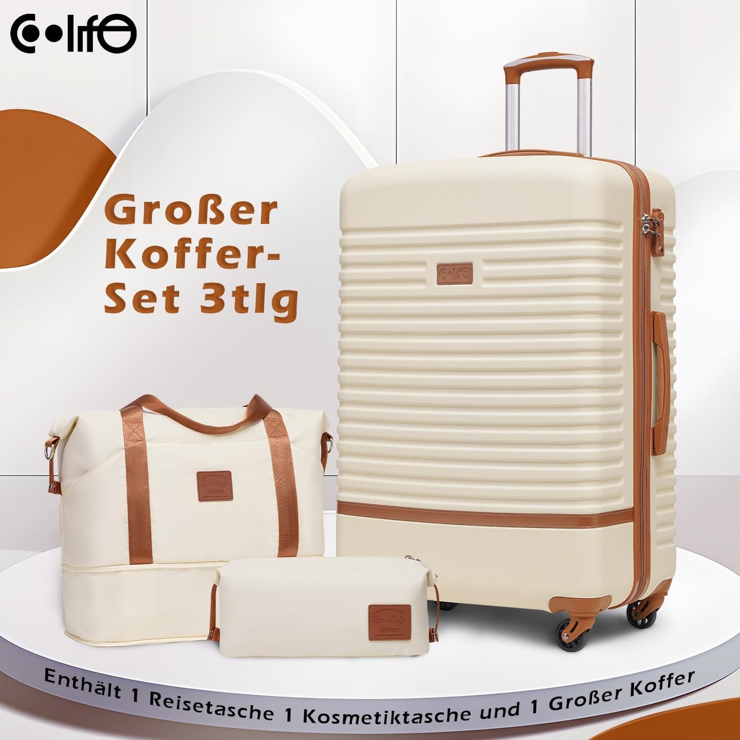 3-teiliges Reisegepäck-Set, Weiss/Braun Grosser Koffer-Set 3tlg