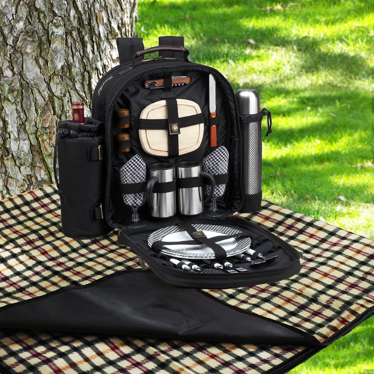 Picknick-Rucksack für 2 Personen, Black With Gingham Napkins