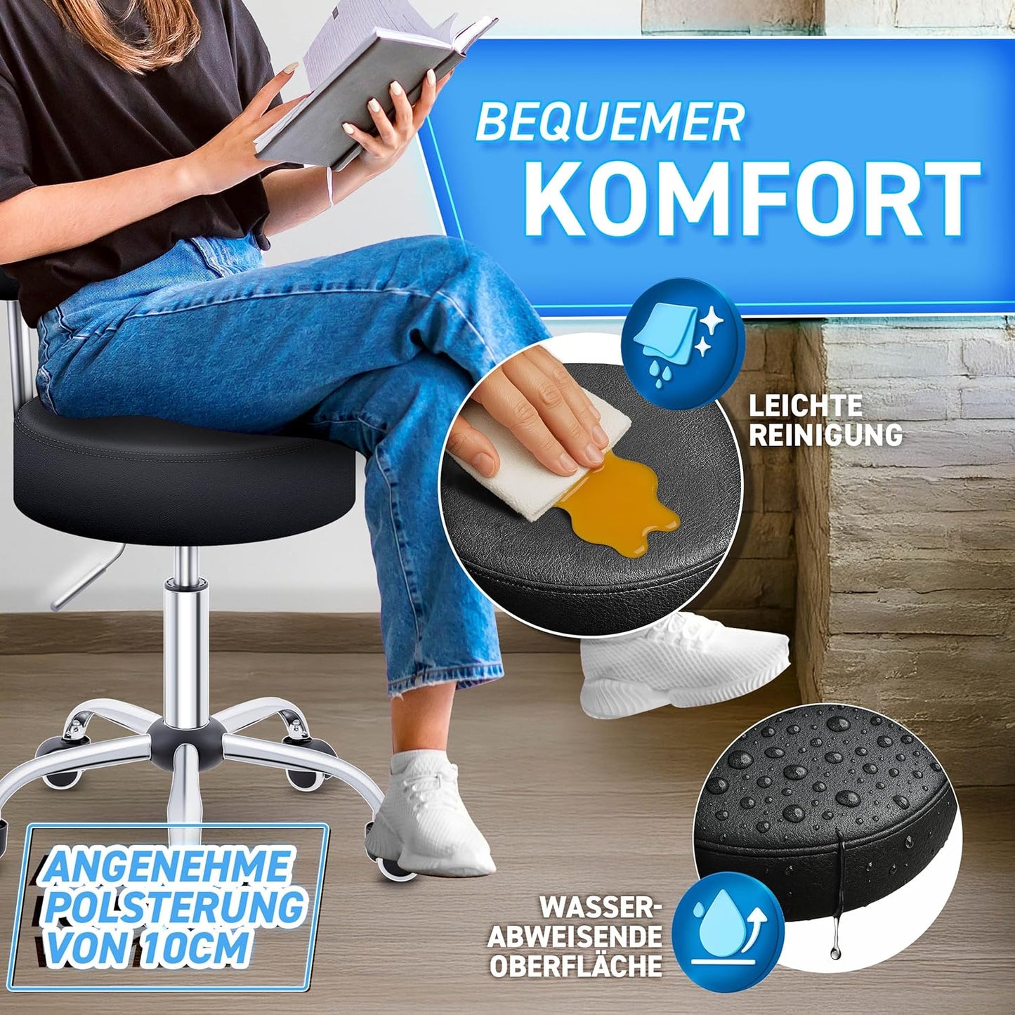 Höhenverstellbarer Rollhocker mit Lehne, Schwarz