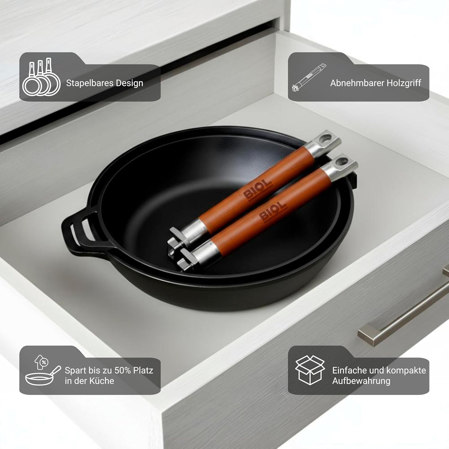 Tiefe Gusseisenpfanne mit abnehmbarem Griff (24 cm), 24