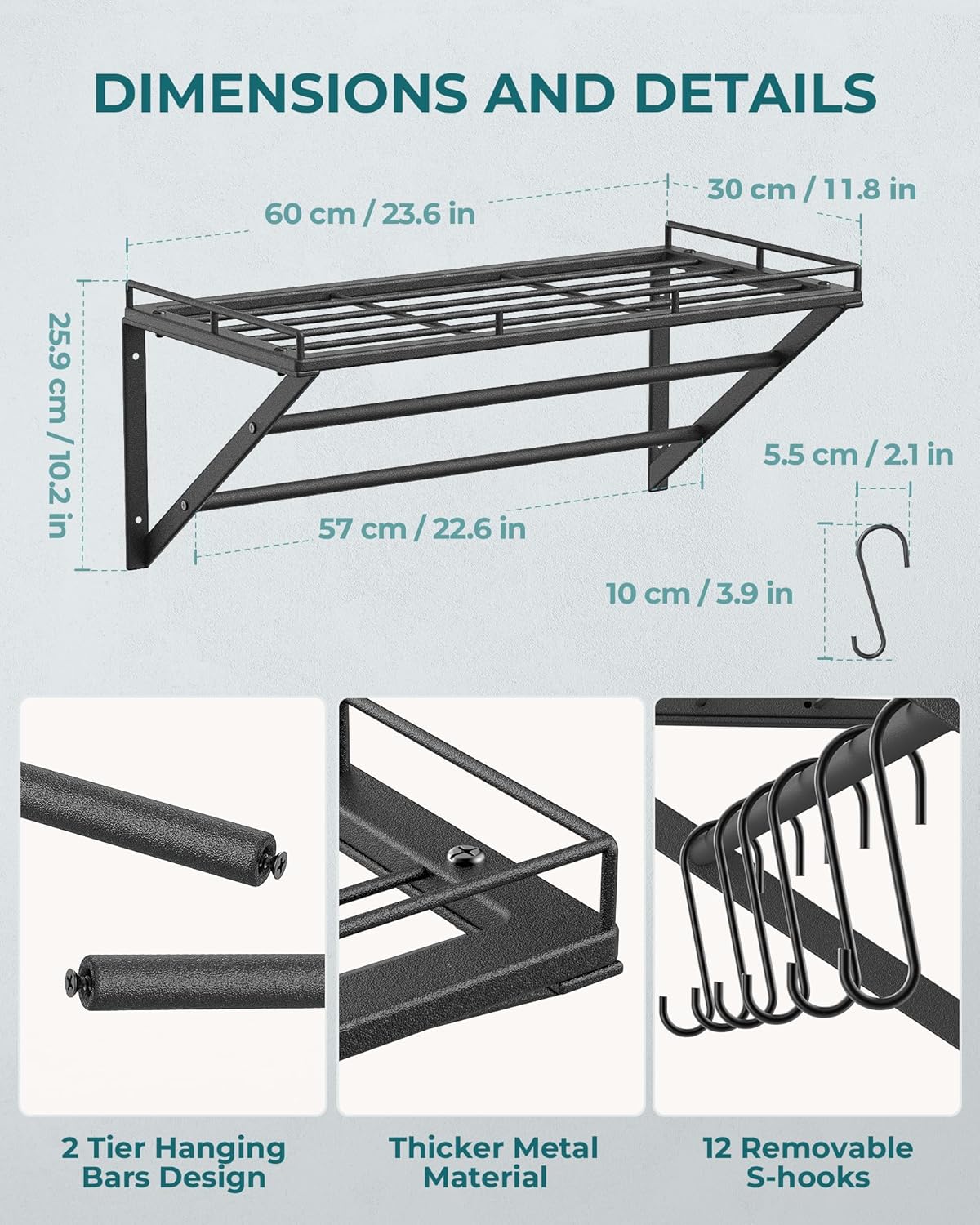 Topf-Rack Wandregal mit 12 Haken (3-Schicht), Schwarz-60cm