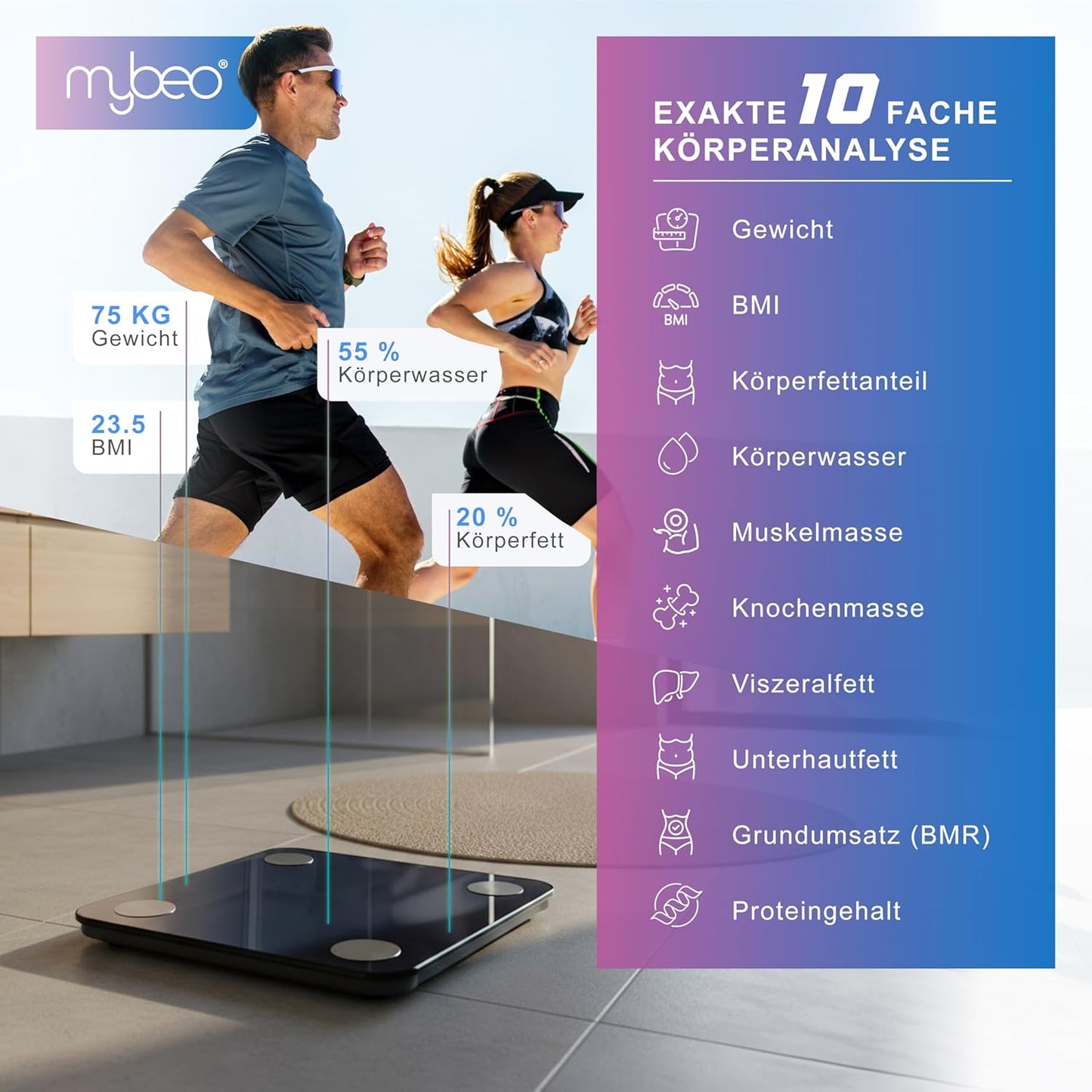 Digitale Bluetooth Körperfettwaage mit App-Steuerung, A: Schwarz
