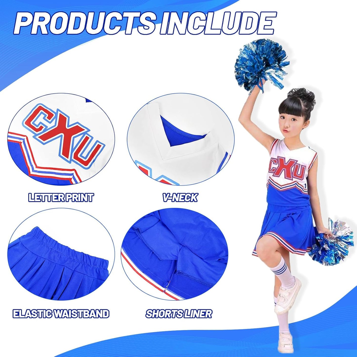 Cheerleader Kostüm mit Pom Poms und Socken, Blau 6-7 Jahre