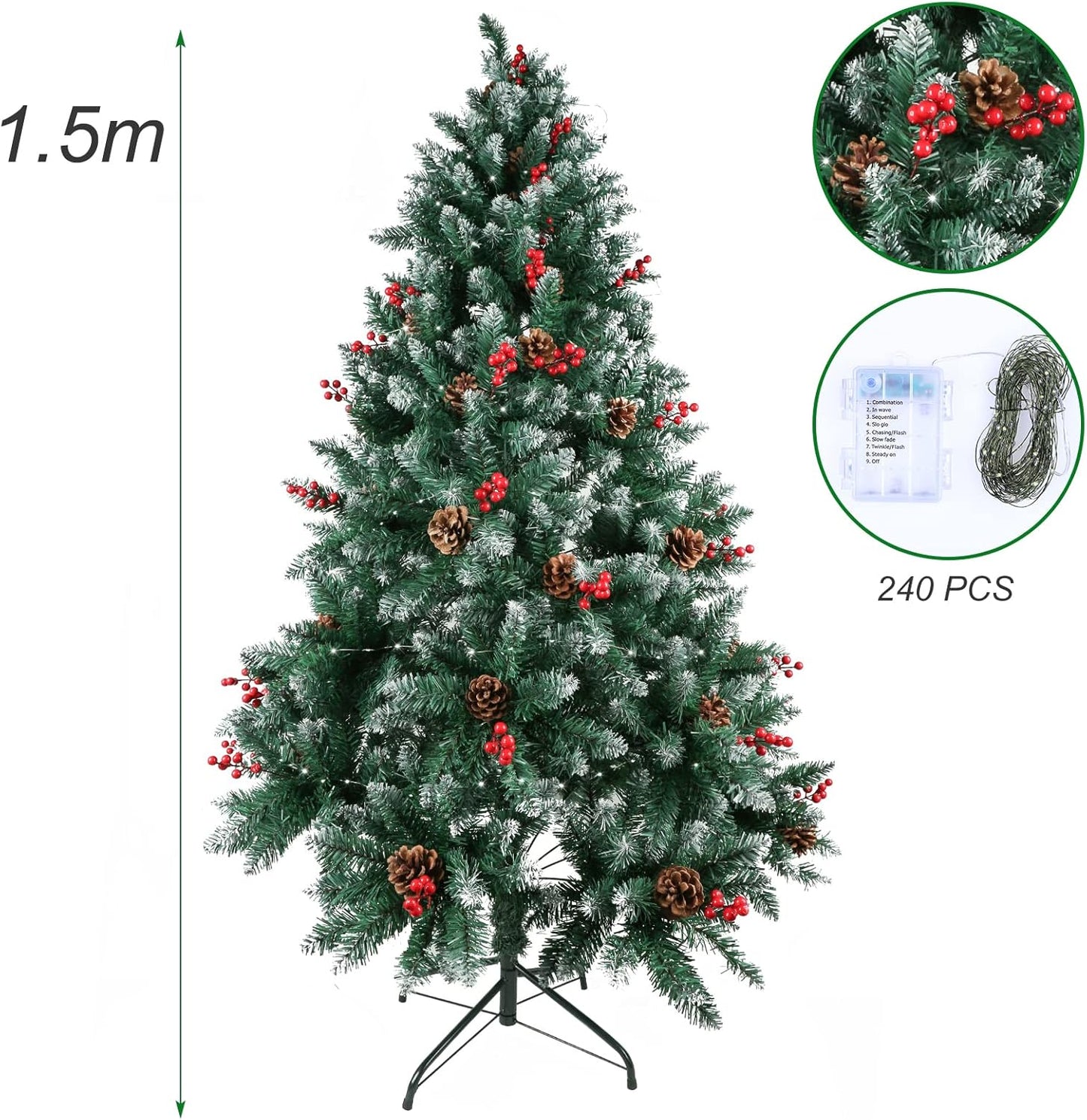 Künstlicher Weihnachtsbaum mit Schnee & LED-Lichterkette, 150 cm Grün - 450 Spitzen