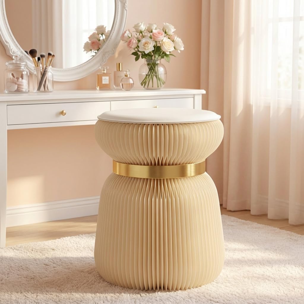 Papierhocker Papli Lux mit 180 Lamellen, Beige mit Goldenem Band