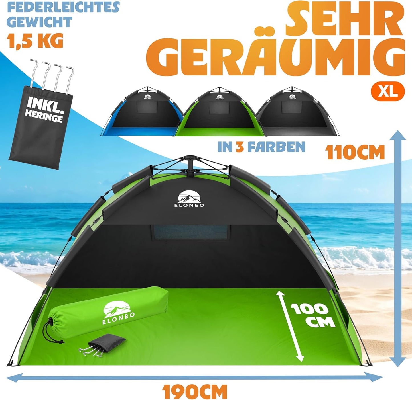 Pop Up Strandmuschel UV Schutz 50+, Grün 190 x 100 x 110 cm