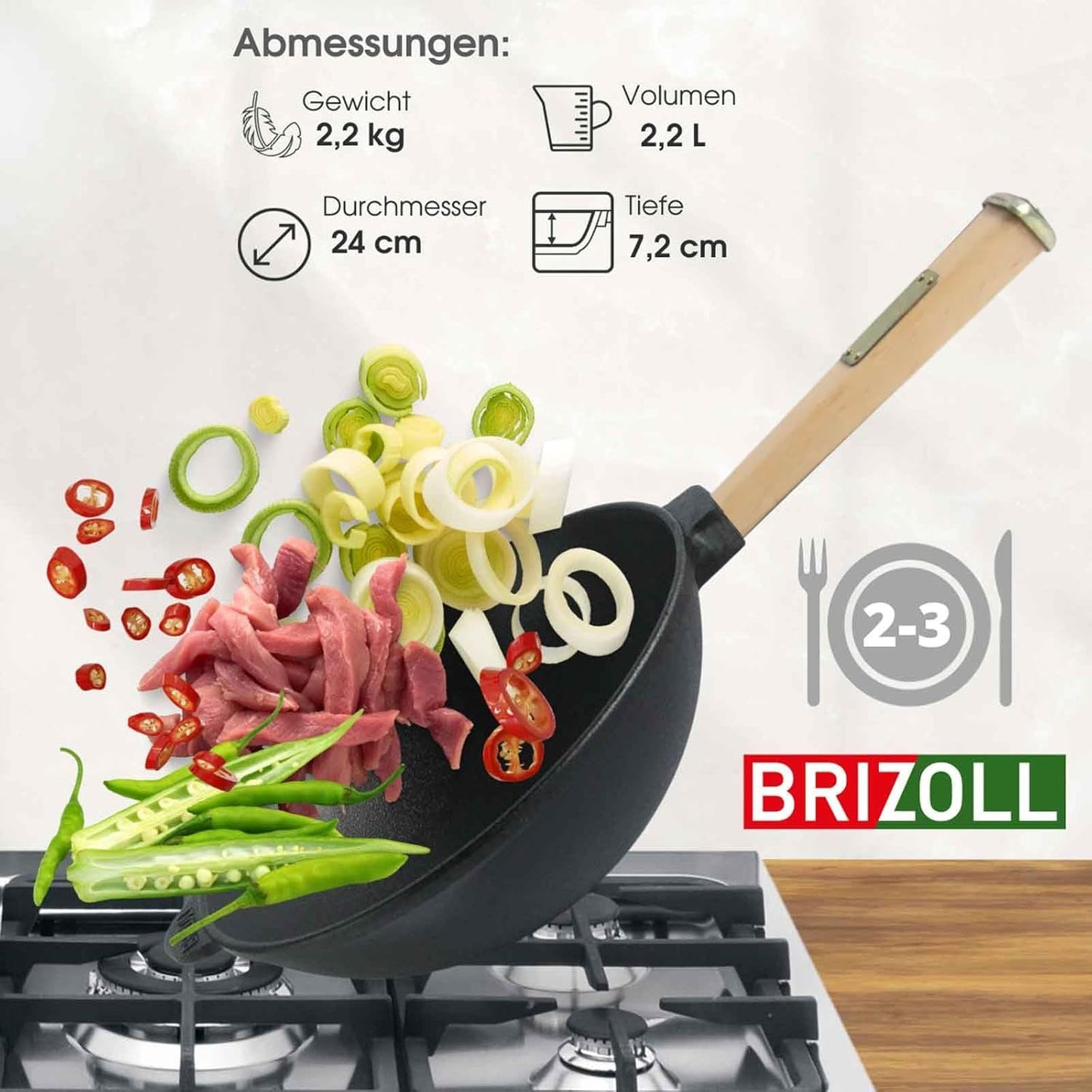 Wokpfanne mit abnehmbarem Griff, 24 cm / Ohne Glasdeckel