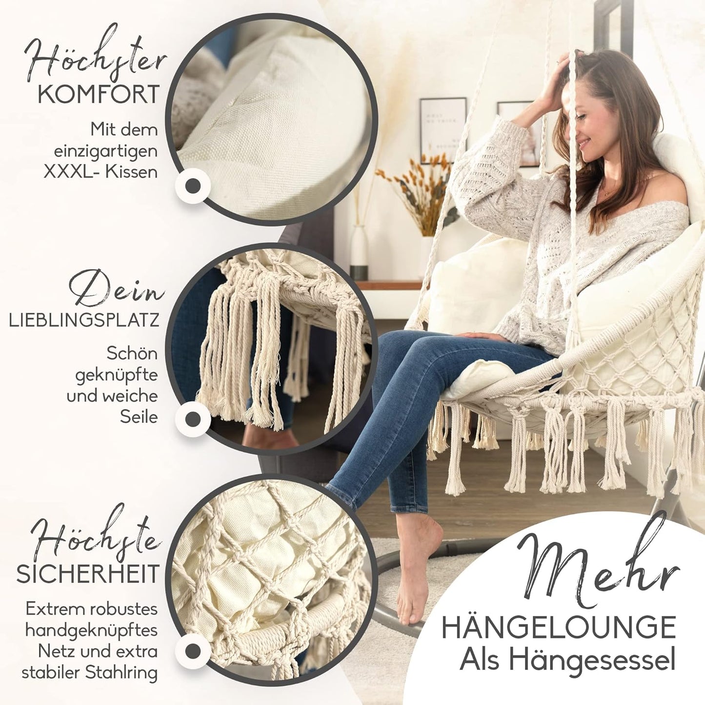 Hängesessel mit Korb & XXXL Kissen, Beige