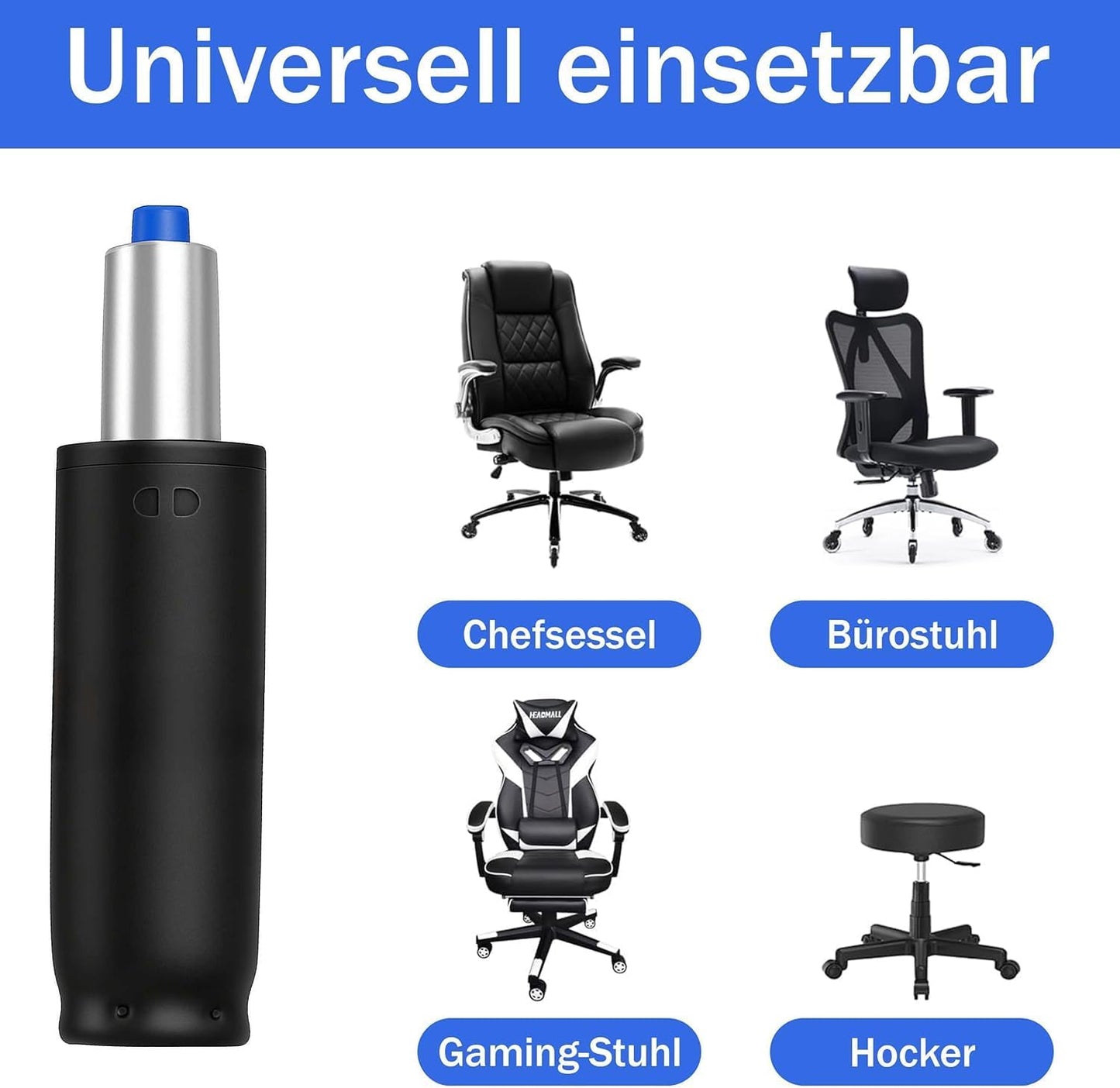 Gasdruckfeder für Bürostühle, bis 200kg, 310 mm Gesamtlänge Schwarz