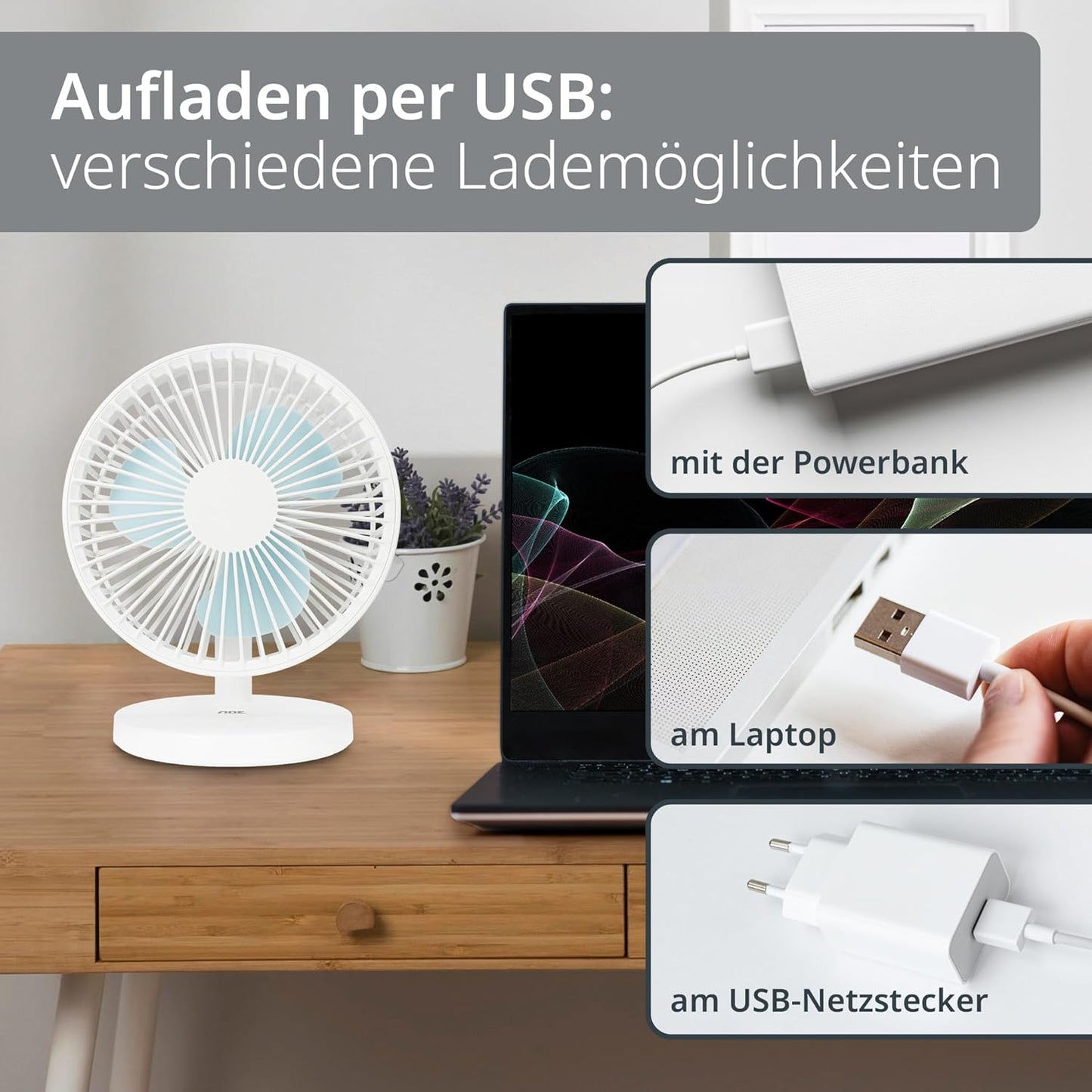 USB-Tischventilator mit Akku und 3 Stufen, Weiss
