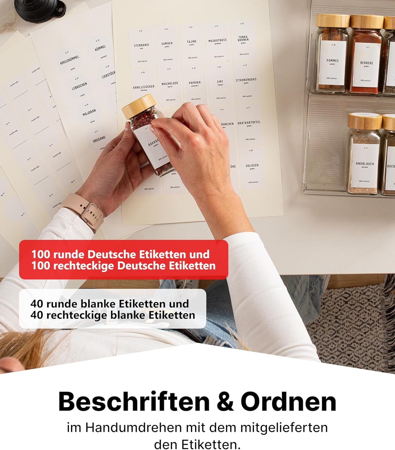 Gewürzgläser-Set mit Schubladeneinsatz, 24 Stk, ausziehbar, Transparent, Deckel Bambus