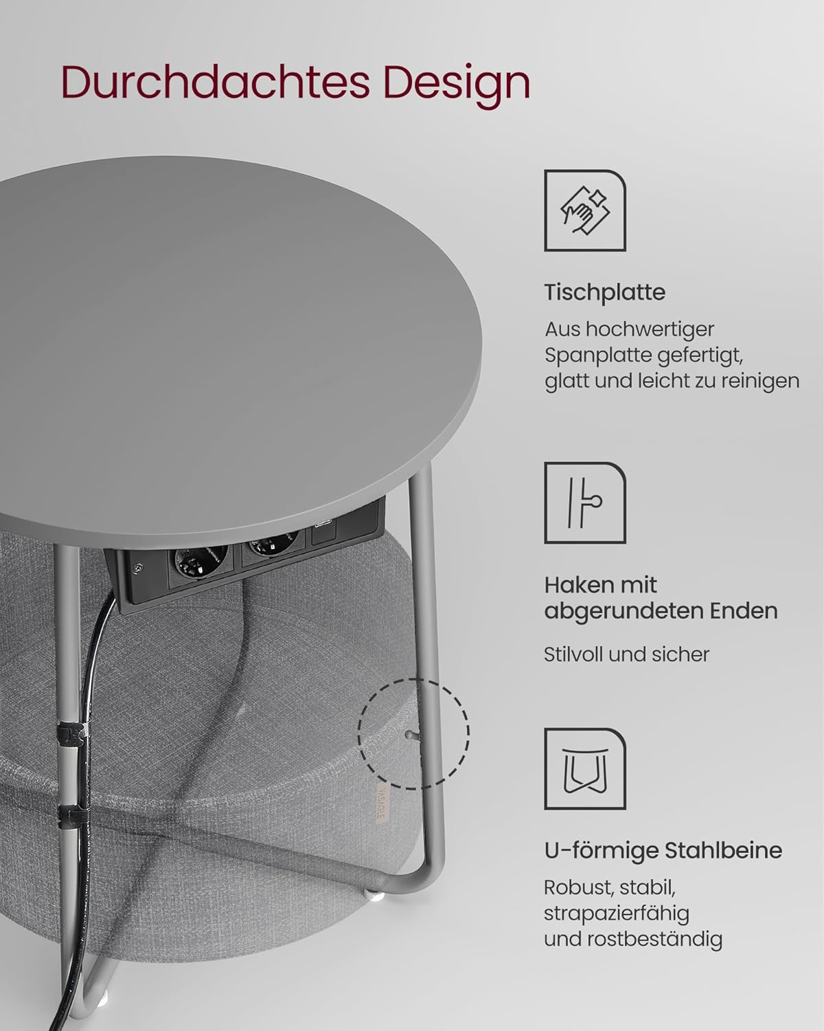 Runder Beistelltisch mit Steckdose und Stoffkorb, Taubengrau + Schiefergrau