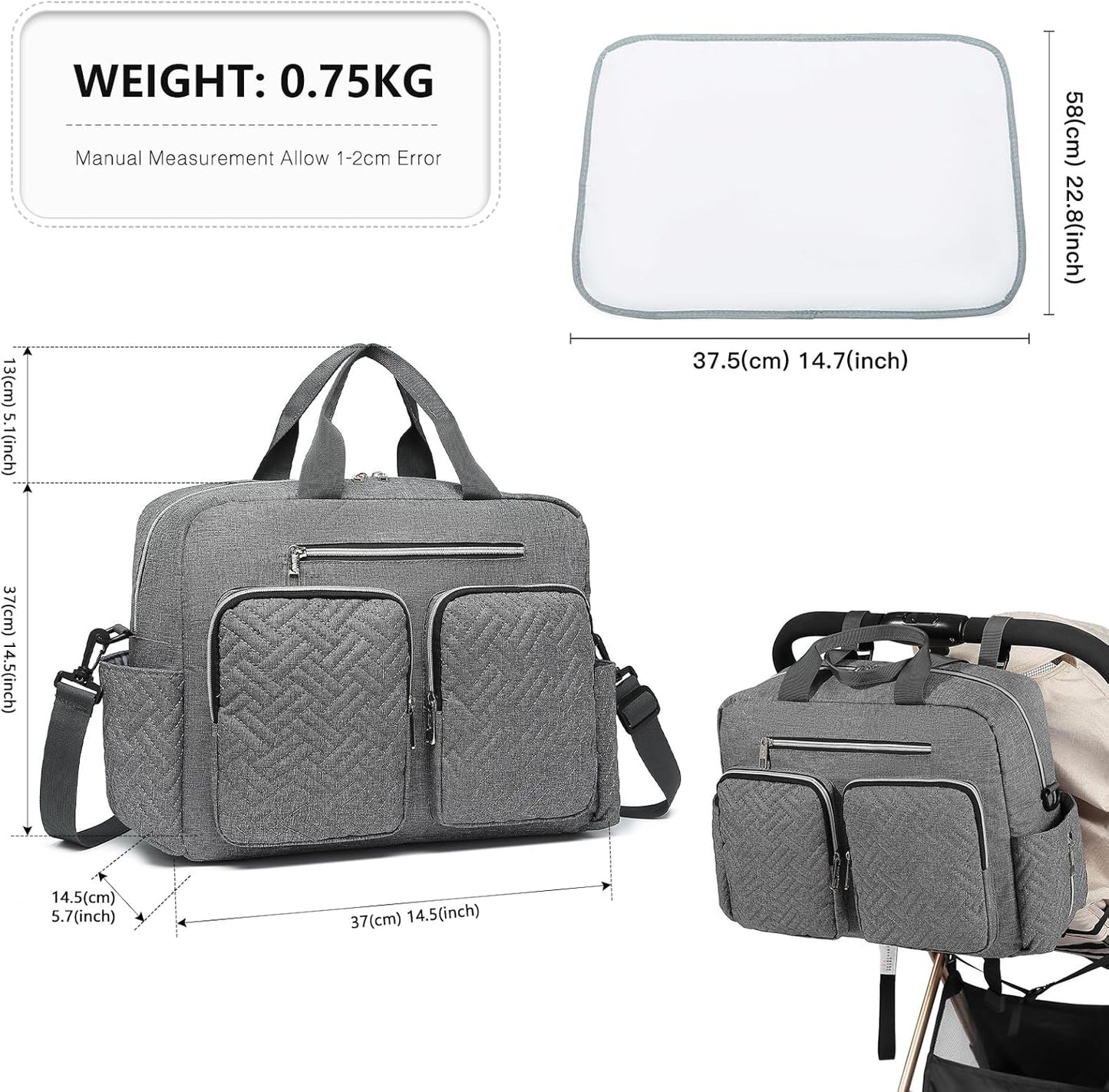 Baby-Wickeltasche mit Wickelauflage und isolierten Taschen, Große Tasche mit Wickelauflage Grau
