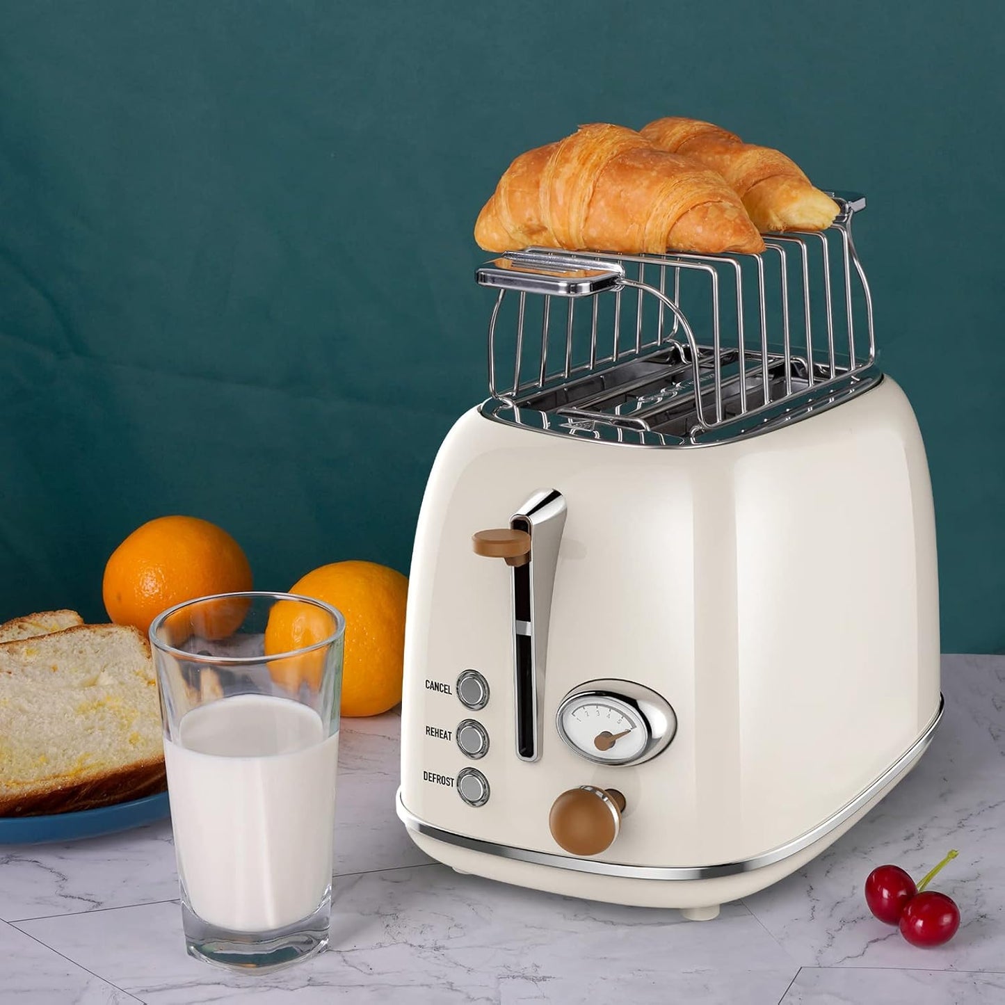 Retro Toaster mit Brötchenaufsatz und Countdown-Anzeige, Milchig Weiss