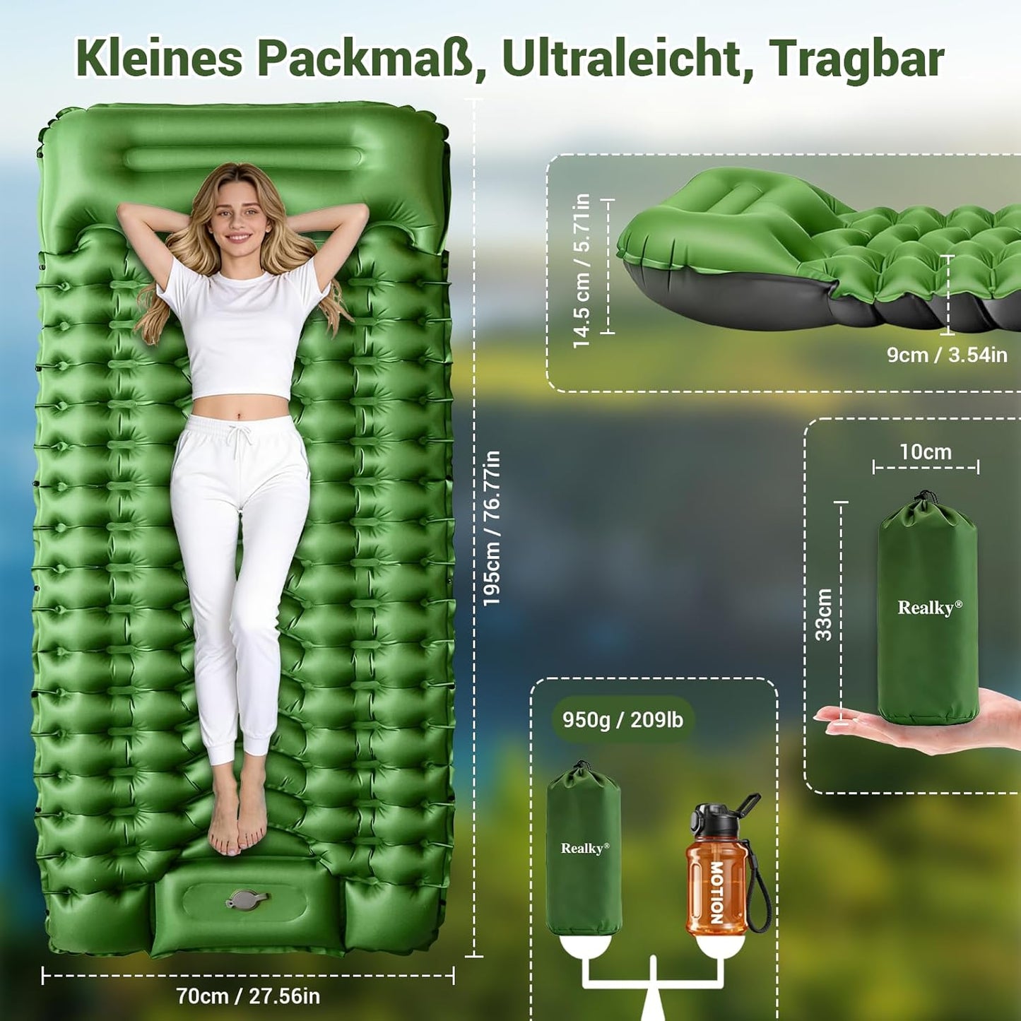 Aufblasbare Camping-Isomatte mit Fusspumpe, Grün + Grau / Einzel