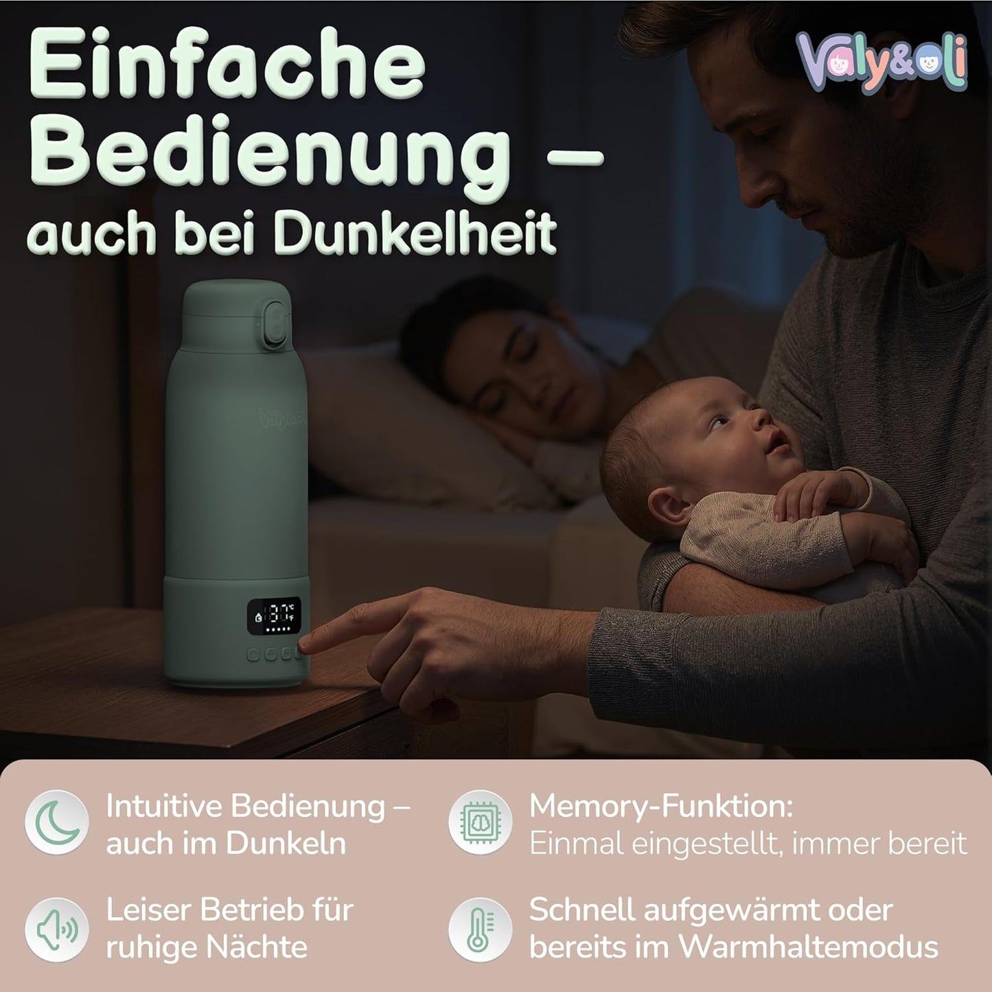Tragbarer Babyflaschenwärmer mit Akku, Salbei-Grün