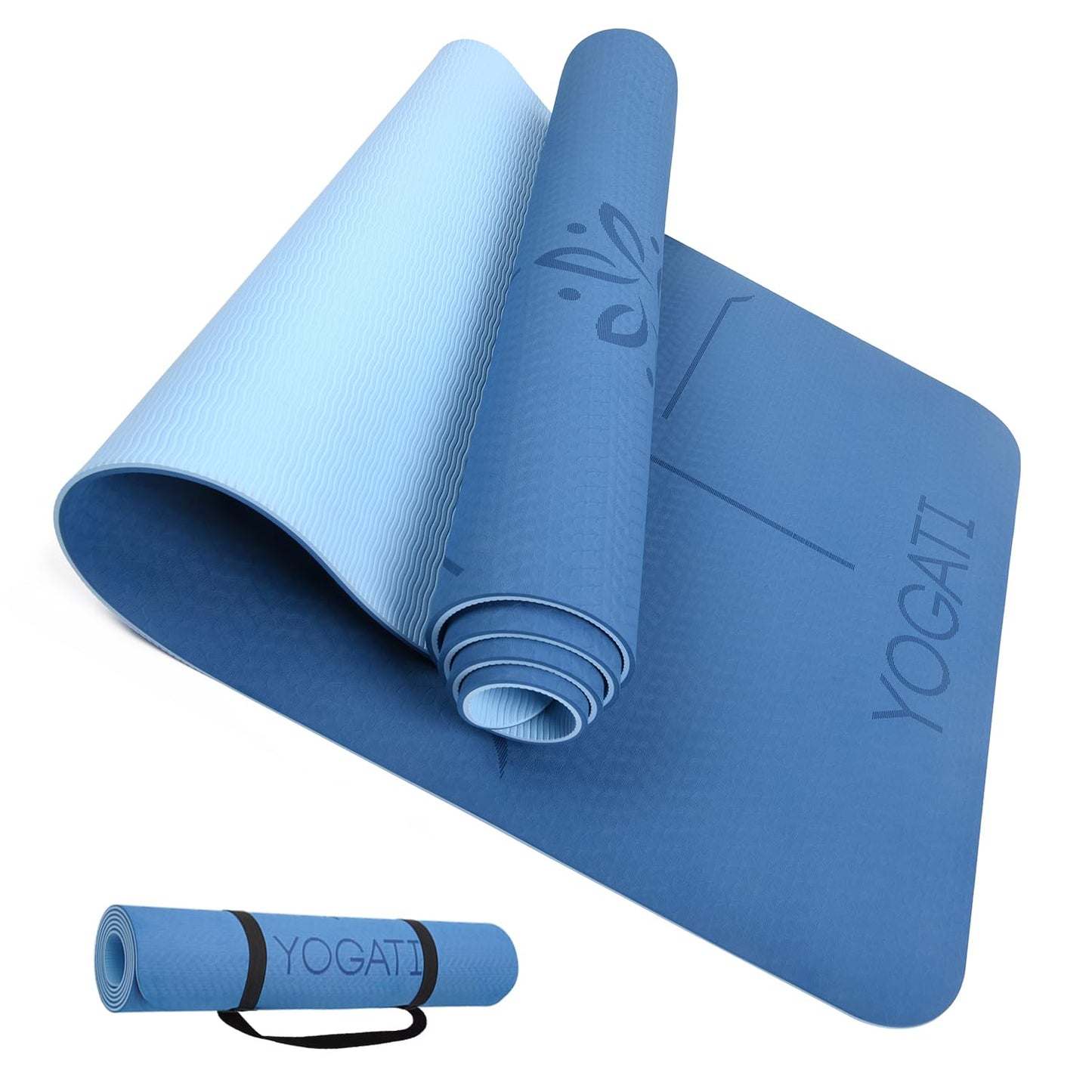Rutschfeste Yogamatte mit Ausrichtungslinien, blau