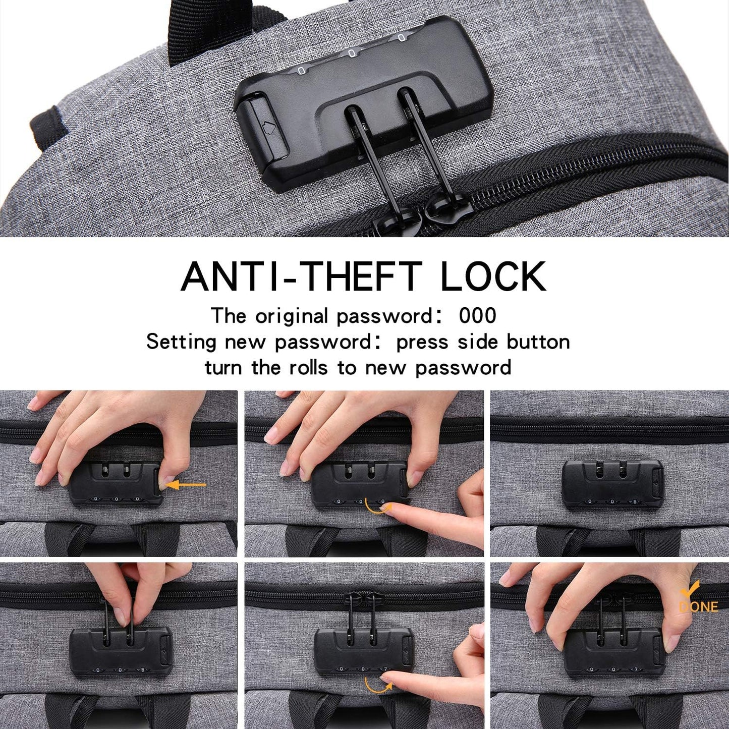 Laptop-Rucksack mit USB-Anschluss, Anti-Diebstahl-Schutz, 15,6 Zoll Grau