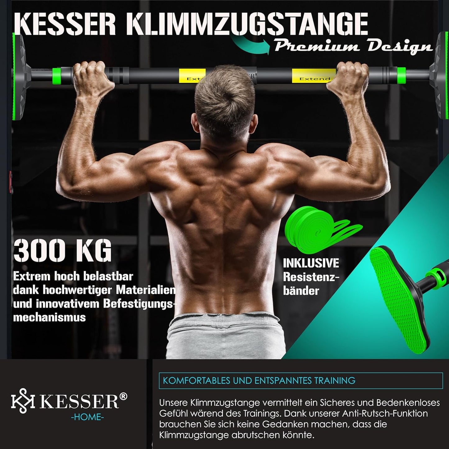 Verstellbare Klimmzugstange mit Resistenzbändern, Grün