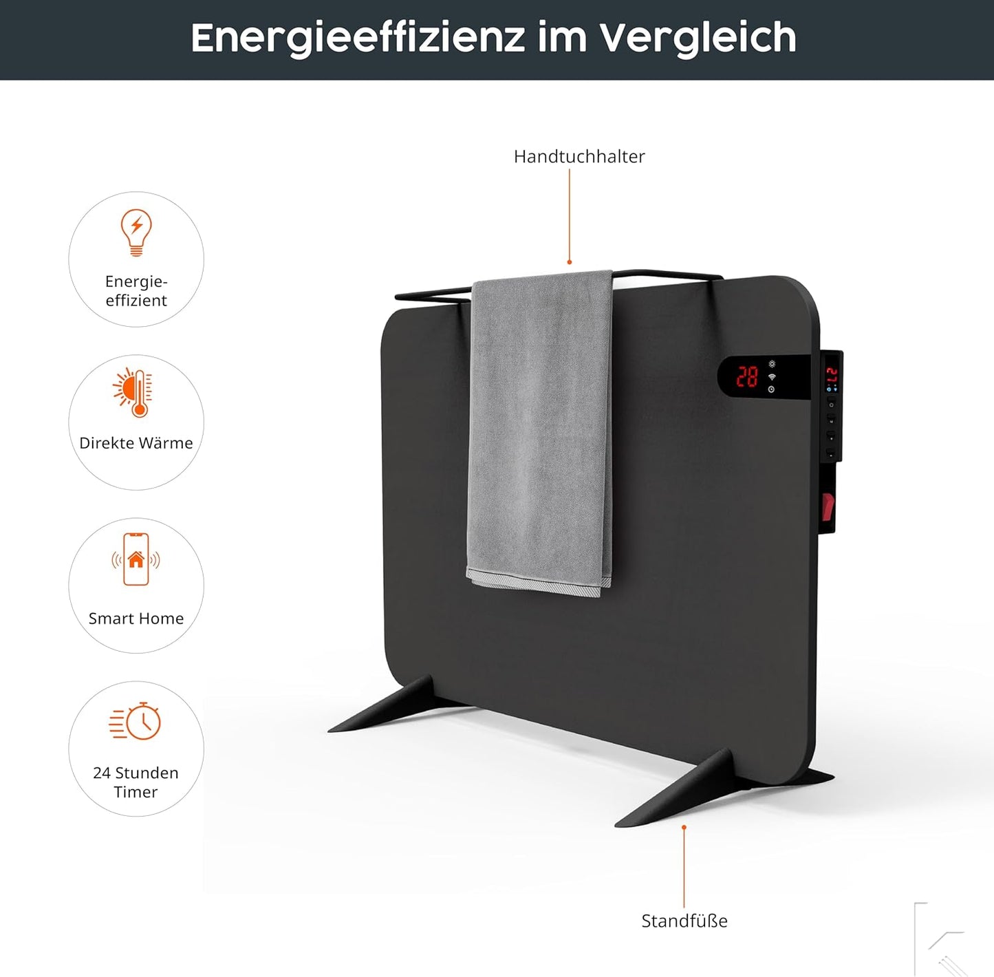 Dual-Infrarotheizung V2 mit App-, Fernbedienung und Handtuchhalterung, 450 Watt - Schwarz mit Display