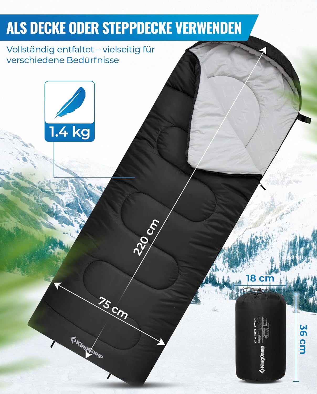 Schlafsack für kaltes Wetter, Schwarz L Zip 220×75cm