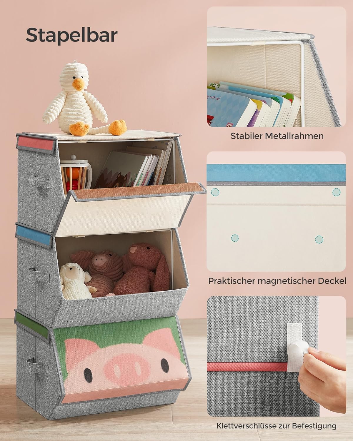Faltbare Aufbewahrungsboxen mit Tiermotiven, 3er-Set, Panda-, Bär-, Schwein-Motive