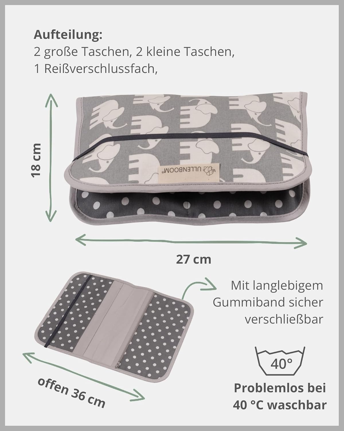 Windeltasche für unterwegs, Graue Elefanten 18 x 27 cm