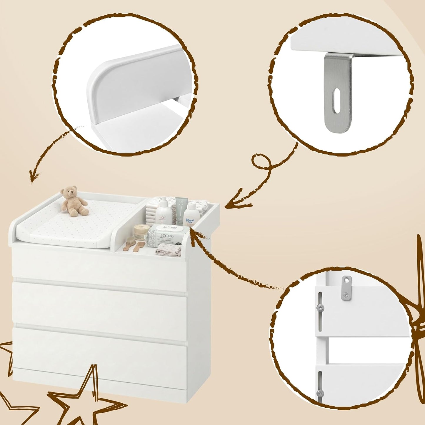 Wickeltischaufsatz mit Trennfach, Weiss 80cm mit Trennfach
