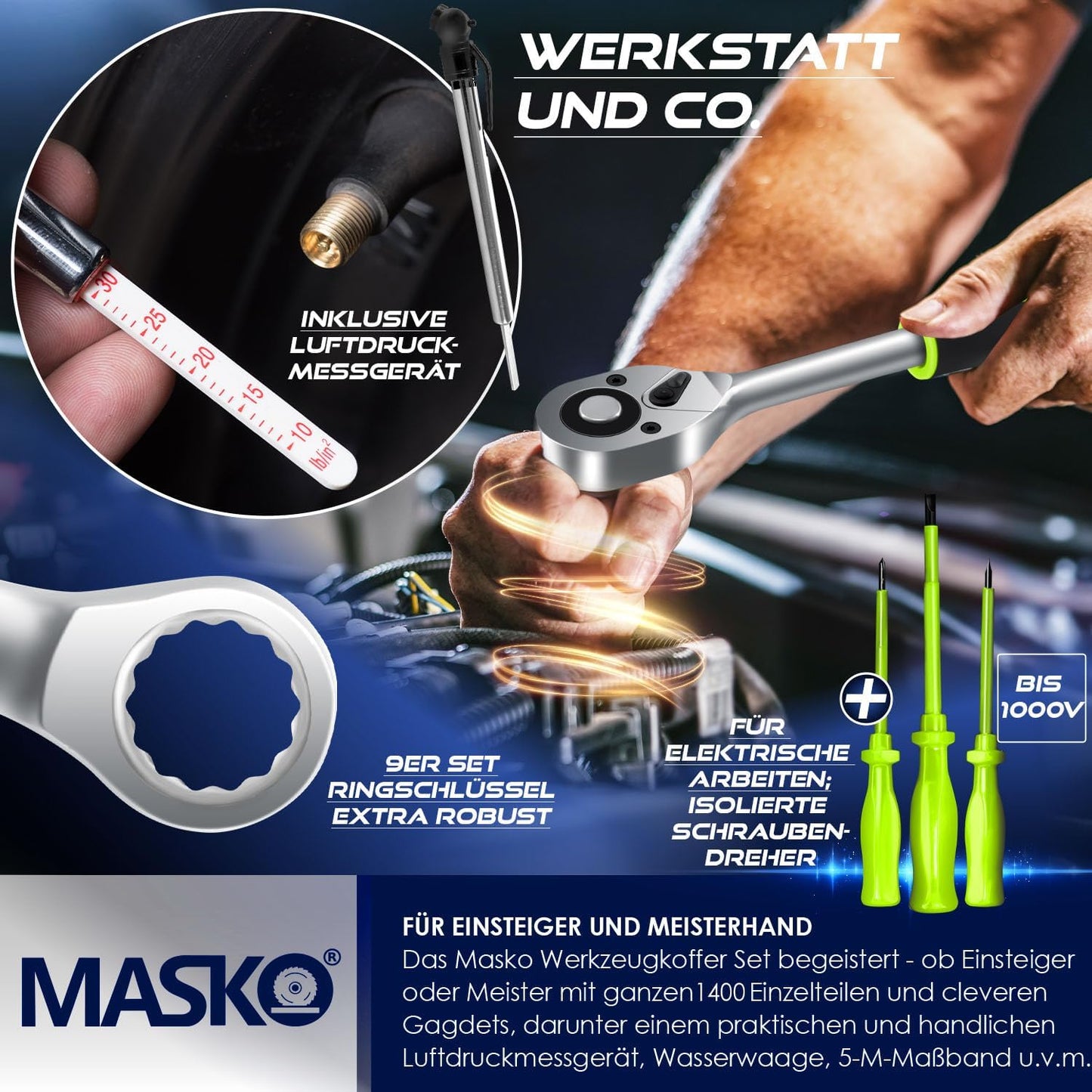 Werkzeugkoffer 1400-teilig mit Trolley-Funktion, Grün