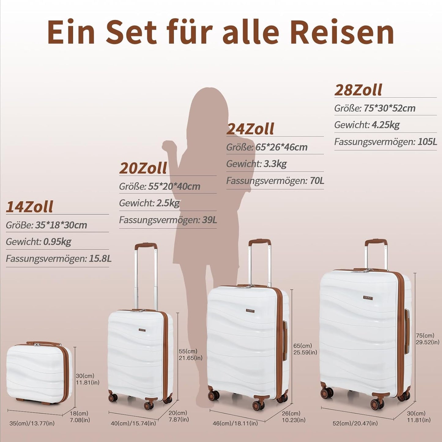 Reisekoffer mit Hartschale und TSA Schloss, Weiss Mittelgross Koffer