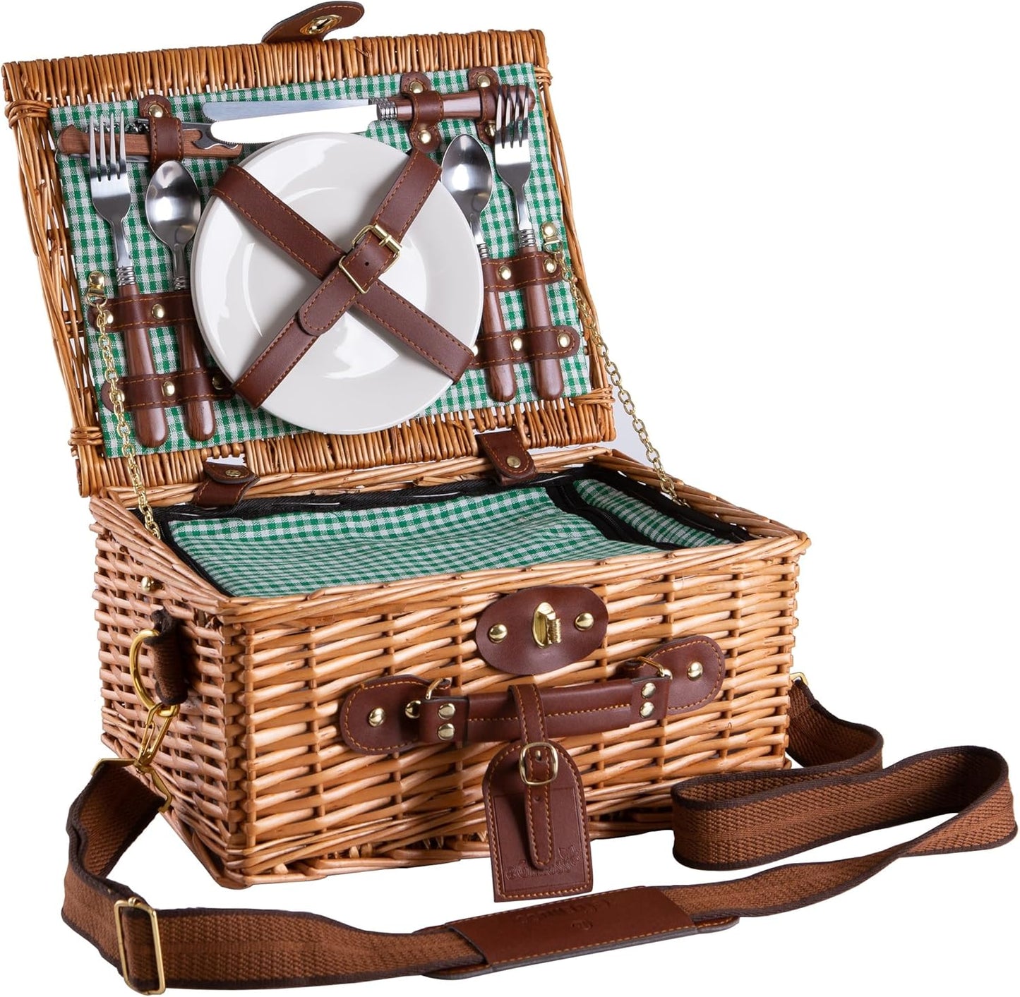 Picknickkorb mit abnehmbarem Schultergurt, Picknickkorb für 2 Personen - Grün / 1