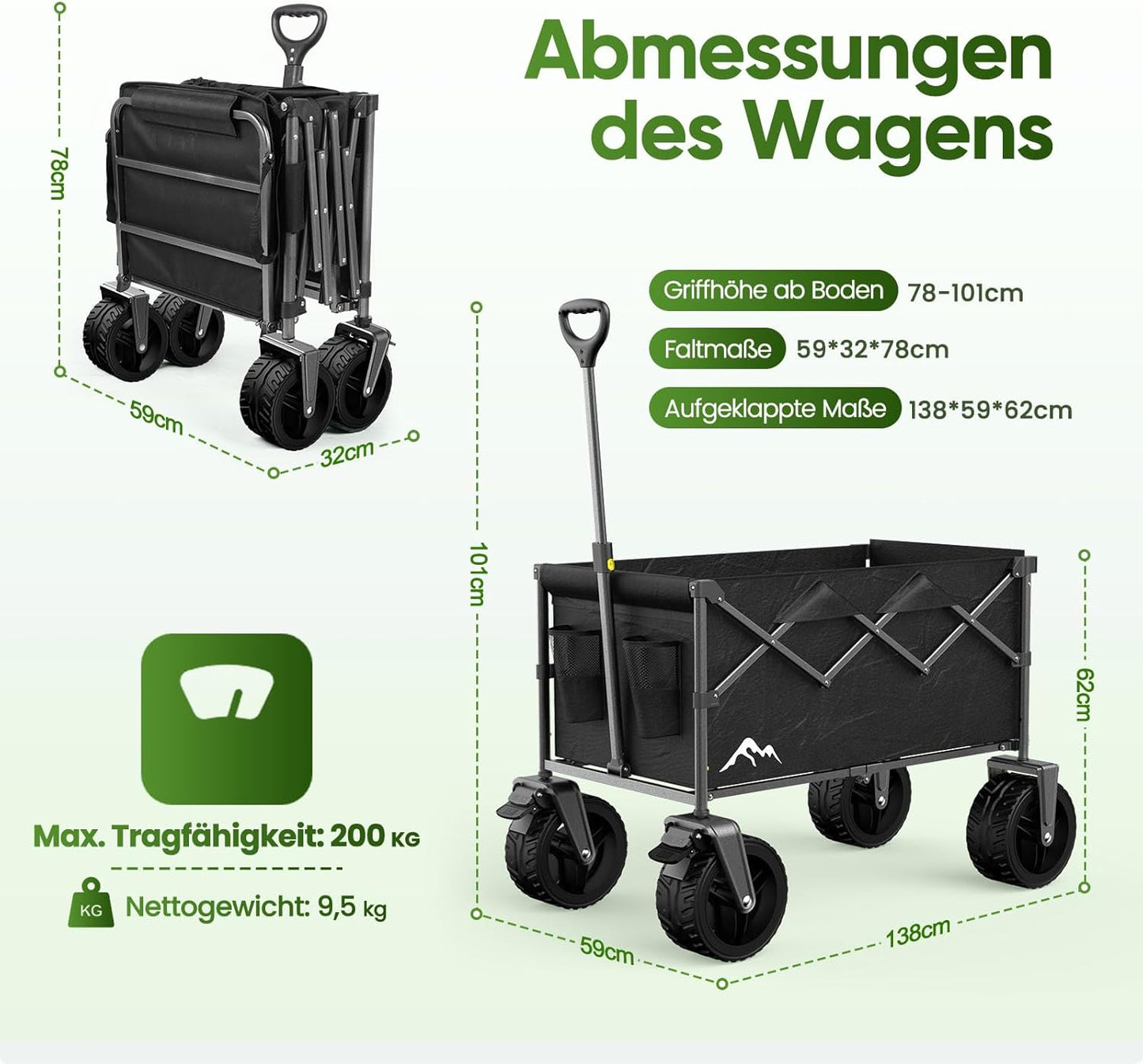 Faltbarer Bollerwagen mit 360° Rädern, Schwarz