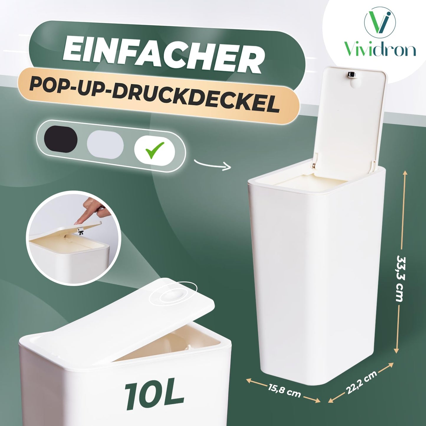 Mülleimer mit Druckdeckel, Schwarz, Weiß, Grau
