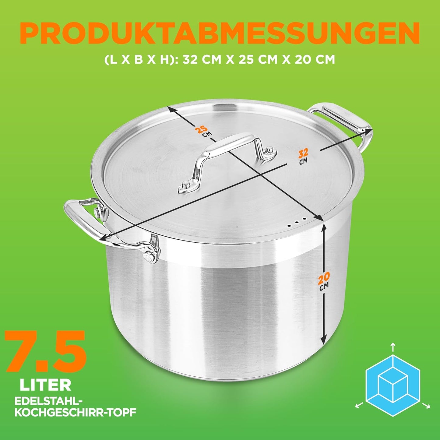 Induktionstopf Edelstahl 8 L mit Deckel, 8 Liter