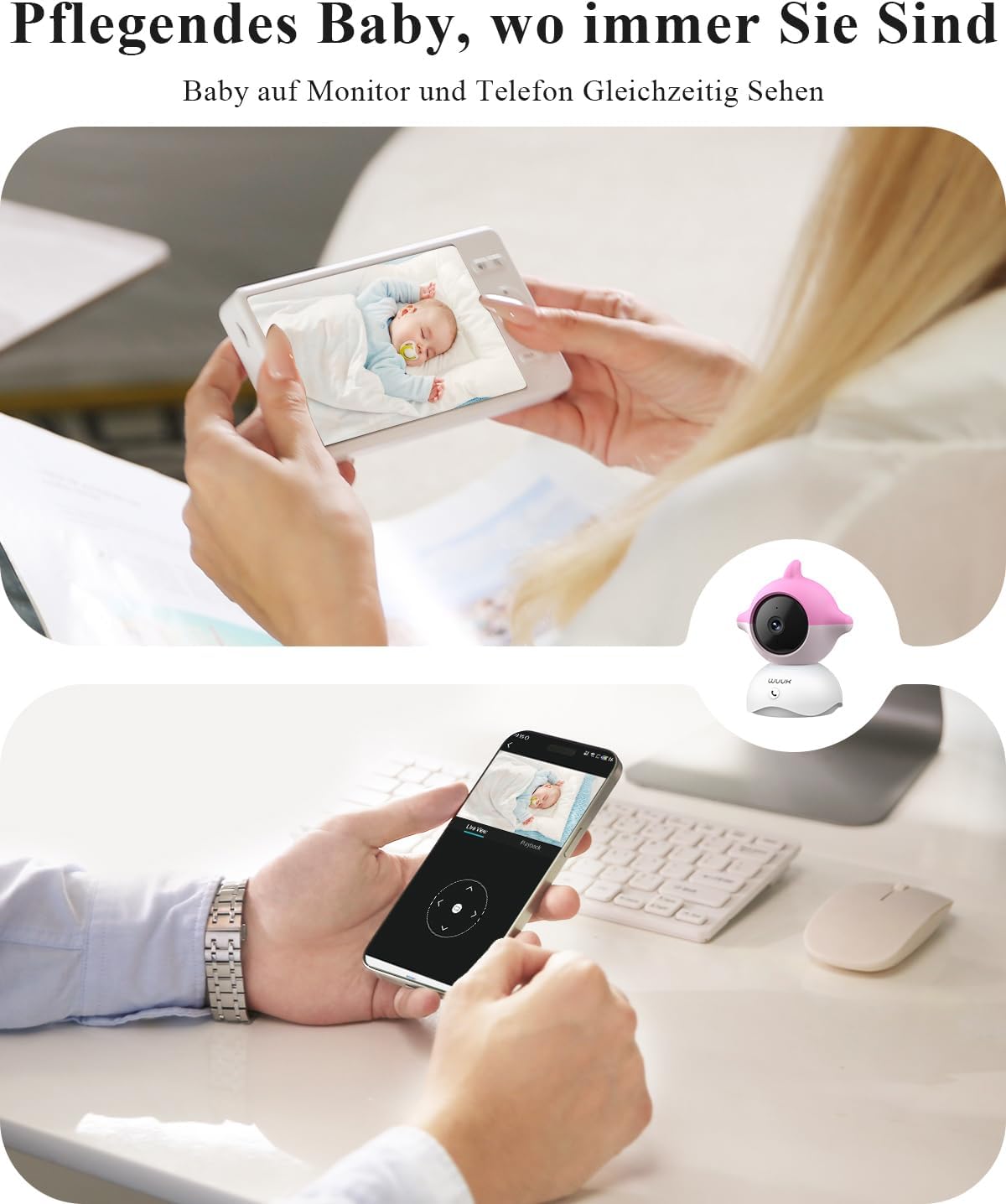 2K Babyphone-Set mit 360° PTZ Monitor und 2 Kameras, Rosa und Blau-2 Packung